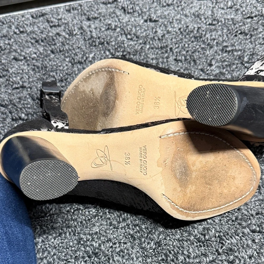 Zero + Maria Cornejo Black and Metallic Taupe Patterned Wedge Sandals